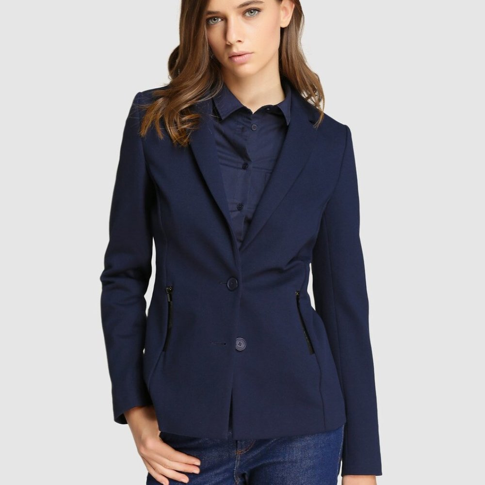 NWT LACOSTE women's navy blue cotton  blazer with zippers